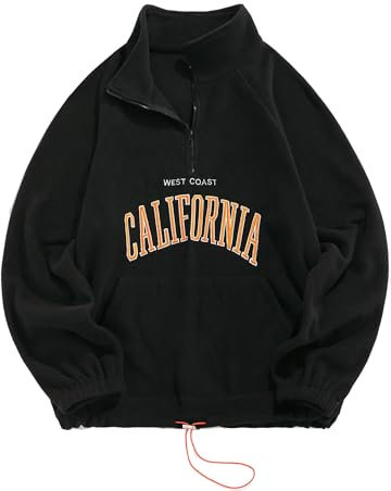 ZAFUL Felpa in pile con cerniera polare, da uomo, vintage, con colletto alto, a colori, grafica/lettera ricamata, a maniche lunghe, per autunno e inverno, 2-nero., M