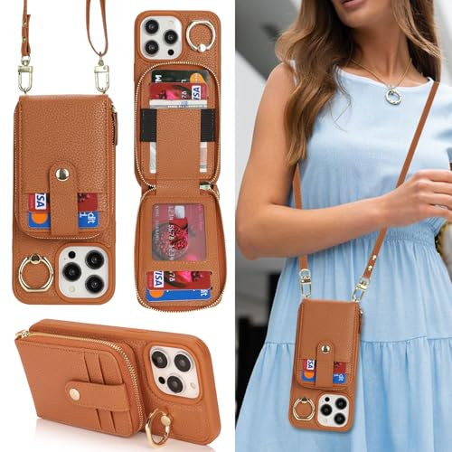SailorTech Coque pour iPhone 14 Pro Max Étui avec Support d'anneau, Etui pour iPhone 14 Pro Max Housse avec Courroie de Cou Portefeuille avec Fentes pour Cartes de crédit-Marron
