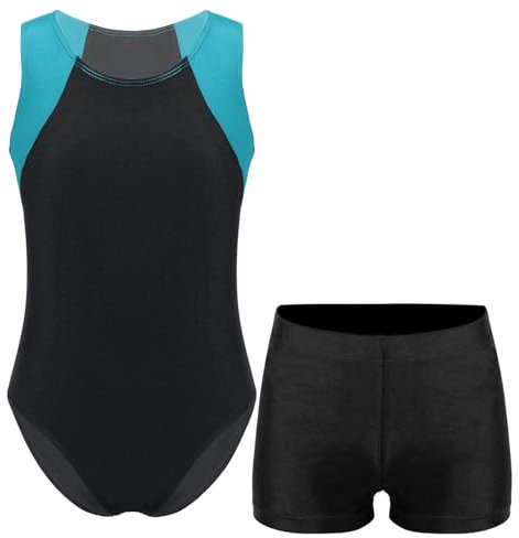 iiniim Kinder Ballettanzug Jungen Turnanzug Gymnastikanzug Turn-Leotards Ballett Trikot Ärmellos Tanzbody mit Shorts Gr.110-116 Blau Grün&Schwarz 122-128