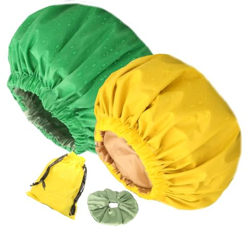 2Pcs Genergy Luxury Satin lined Shower Cap Waterproof, Adjustable Shower Caps for Women Reusable, Extra Large, Double Layers, Reversible Elastic Bath Cap (Yellow+Green)