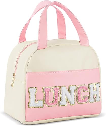 Daover Lunch Bag for Women Teen Girls Kids Adults Large Lunch Box Preppy Cute Pink Lunch Bag with Letter Big Thermal Freezable Reusable Lunch Tote Bag Organizer for Picnic School Work