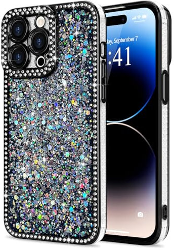 Lafunda Glitzer Hülle Kompatibel mit iPhone 14 Pro Handyhülle Mädchen Schuzhülle Glänzend Sparkle Diamond Hülle 3D Bling Kirstall mit Kameraschutz Case für iPhone 14 Pro Schwarz