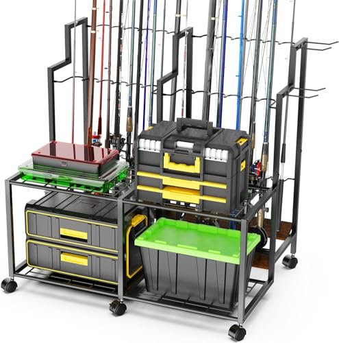 Emfogoo Angelrutenhalter für Garage mit Rollen | 24 Ruten Kapazität + Angelzubehör Aufbewahrung | Rutenständer für Garage, Boot und Zuhause | Ideal für Angler und Fischereistruppen