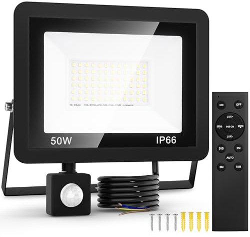 50W LED Strahler mit Bewegungsmelder, 6500K Außenlampe mit Fernbedienung, Kaltweiß Superhell Fluter Scheinwerfer Licht, IP66 Wasserdicht Außenbeleuchtung Lampe Aussen Detector für Innenhöfe, Garden