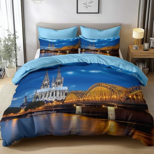 Generisch Bettbezug Set 180x200cm Bettbezug Set Fotografie Hohenzollernbrücke Kölner Dom Kinder 3Teilig Mikrofaser 3D Modern Bettdeckenbezug Mit Reißverschluss und 2 Kissenbezug 80x80cm