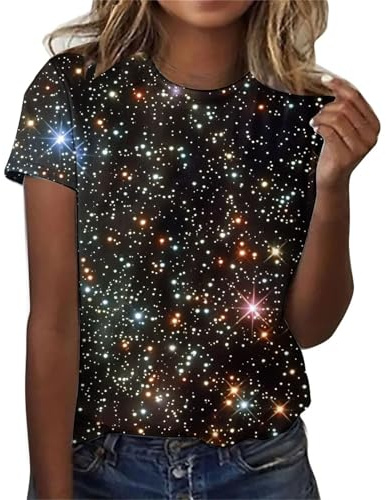 CGGMVCG Galaxy Shirt Damen 3D Galaxie Bedrucken Grafik-T-Shirts Universum Sternenhimmel Weltraum Karneval Kostüm Tshirt Kurzarm Rundhals Sommer Oberteile Frauen Faschingskostüme