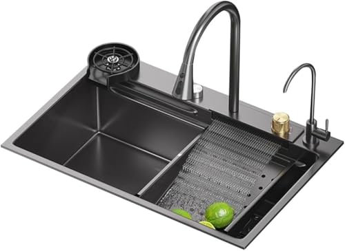 Fregadero de Cocina en Cascada, Fregadero de Trabajo Hecho a Mano con Grifo extraíble, Fregadero Individual Grande Nano, lavaplatos, lavaplatos de Alta presión, gris-68 * 45 * 21 c