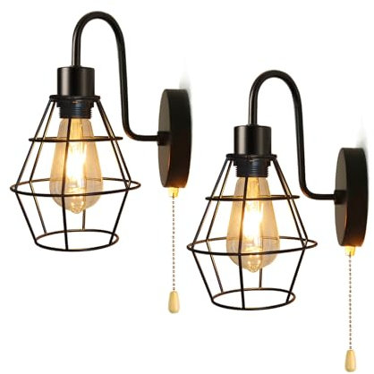 JZCDR Wandleuchte E27 Innen Vintage 2 Stück Wandlampe mit Schalter Retro Lampe aus Metall mit Zugschalter Industrial Wandspot Schwarz für Treppenhaus Flur Wohnzimmer (Glühbirne nicht enthalten)