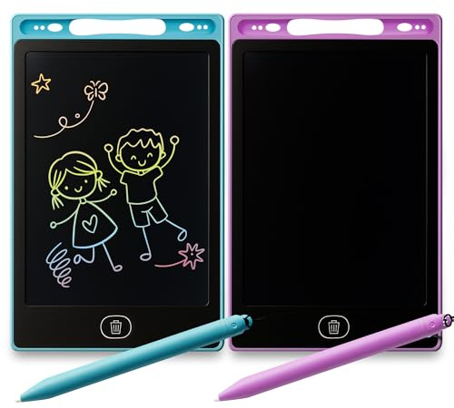 SOL 2pk LCD Writing Tablets for Kids - 8 Inch Drawing Pad with Stylus Pen | Reusable mess free magic boards with erase button, portable travel friendly doodle pads for drawing