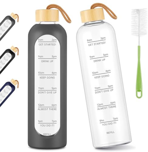 AOOWU Glass Water Bottle with Time Marker, 1000ml Leak-proof Motivational Water Bottle