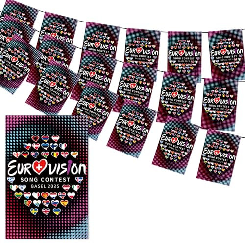 Eurovision Party Dekorationen Flagge Wimpelkette 2025, 37 Nationale HD-Druck Mini Flaggen für Europäischen Songwettbewerb Basel Schweiz Feier Thema, für Haus, Garten, Bar, Schule