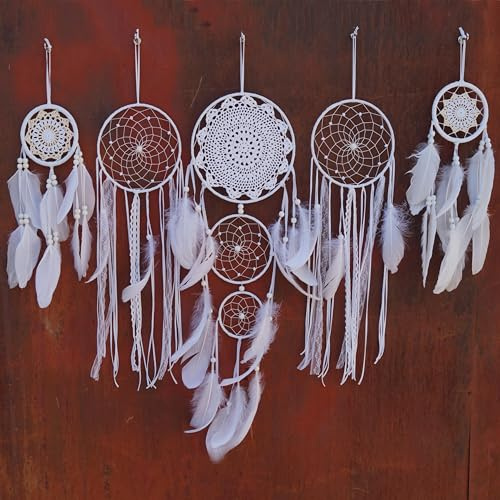 5er Set Weiße Häkel Dreamcatcher, Boho Wanddekoration, Handgemachte Traumfänger mit Federn für Schlafzimmer, Kinderzimmer, Deko zum Verschenken