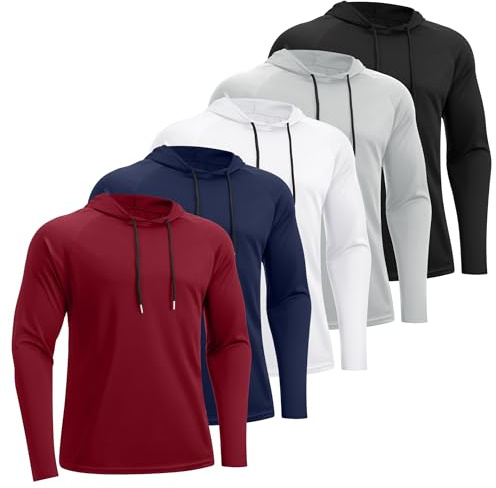 HovSiyla 5 Pack Men's Fishing Shirts Long Sleeve UPF Sun Protection Hoodie Lightweight Hiking Running Swimming Athletic Shirt Black Grey White Navy Red Large