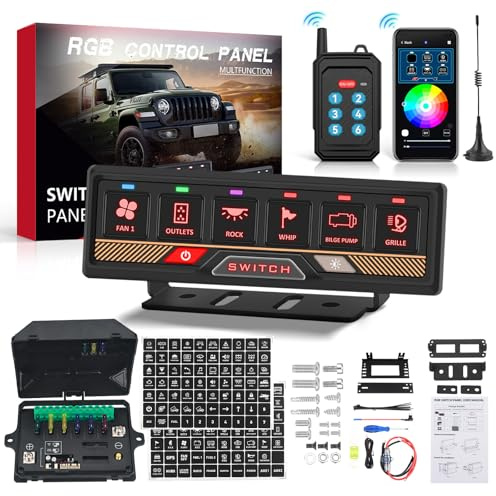 Chelhead Pannello di commutazione 6 gang RGB Bluetooth con app e telecomando, portata fino a 70 m, multifunzione, 4 modalità di illuminazione, compatibile con veicoli 12-24V, camion, fuoristrada