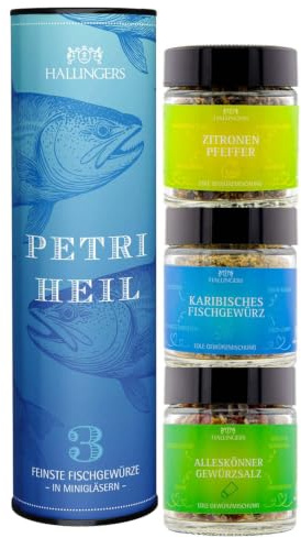 Hallingers Genuss Manufaktur Gewürz Geschenk-Set - 3 Gewürze aus aller Welt als Probierset in wertiger Geschenk-Dose Petri Heil, Geschenkidee für Fischer