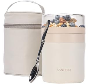 SANTECO Müslibecher to go 500ml+220ml Thermobehälter für Essen mit Löffel Hält 12 Stunden Warm, Spülmaschinenfest, BPA-frei, 2 in 1 Lunchpot Praktisch Joghurtbecher für Arbeit/Schule/Zuhause, Creme