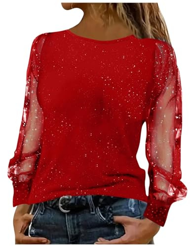 Keepink Sparkly Tops for Women UK Party Wear Lace Mesh Sheer Long Sleeve Top Elegant Dressy Blouse Crew Neck Sequin Tee Shirts Trendy Casual Glitter T Shirt Baggy Tunic Jumper
