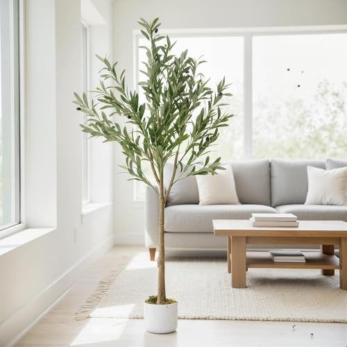 Virimolo Künstlicher Olivenbaum 135 cm im Topf, mit Oliven | Silbrig-grünes Laub, naturgetreuer Stamm; pflegeleicht; ideal für Flur & Büro