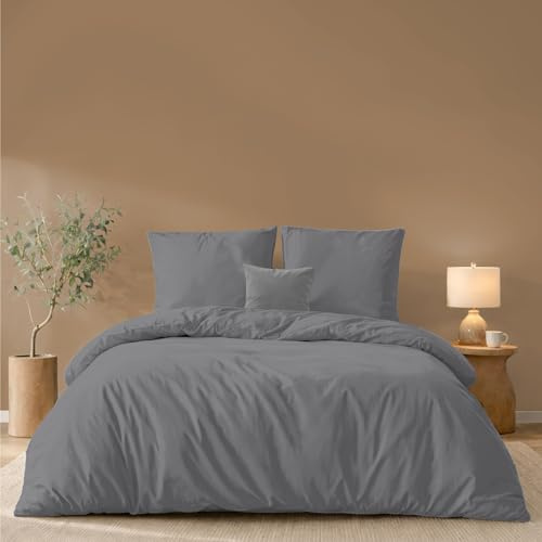 Twinzen - Bettwäsche 220x240 + 2 Kissenbezüge 65x65 cm - 100% Mikrofaser | Anthrazit · Bettbezug · 3 Teile · Weich · Hautfreundlich · OEKO-TEX · Reißverschluss · Pflegeleicht · Langlebig