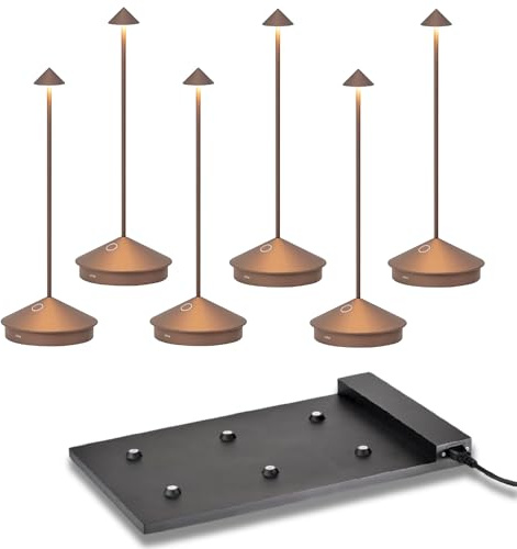 Zafferano Pina Pro 6er Set, Wiederaufladbare Kabellose LED Tischlampe, Touch Control, Dimmer 2200-3000 K, Höhe 29 cm, mit 6er Ladestation (Bronze)