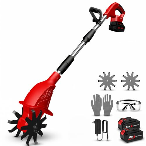 Motoazada Electrica 500W, Motoazada Bateria Inalámbrica Portátil, Ancho de Labranza 20 cm Profundidad de Labranza 15 cm 2 Baterías de 3000 mAh, Motocultor para Labrar y Suavizar el Suelo