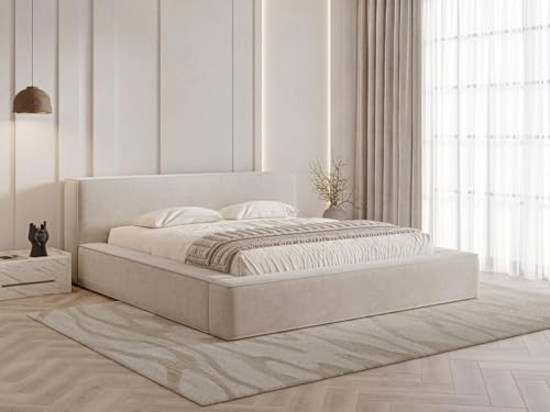 GRAINGOLD Mali Bett 160x200, Polsterbett mit Bettkasten, Polsterbett mit Stauraum, Velours-Stoff, mit Lattenrost, mit Kopfteil, ohne Matratze (Beige, 160x200)