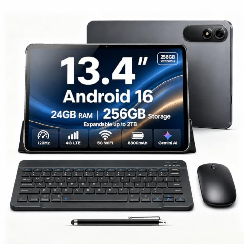 Tablets 13 Inch, 4G LTE, Android 16 Tablet with Keyboard, 24GB+256GB, Grey