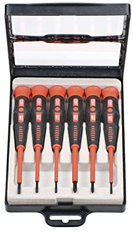 kwb Präzisions-Schraubendreher Set VDE Kreuz + Schlitz für Fein-Mechanik, Mini-Schraubenzieher f. Uhrenmacher/Feinmechaniker, Werkzeug-Satz in Aufbewahrungs-Box, mit Dreh-Kopf und 2-Komponentengriff