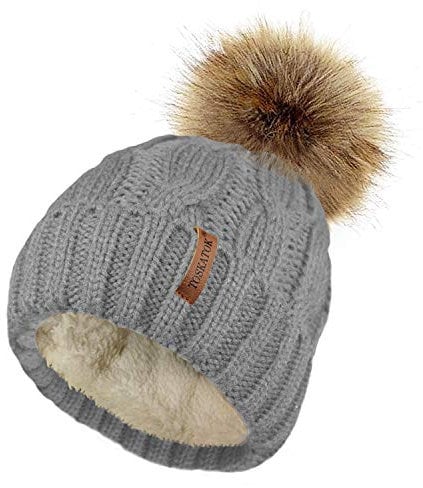 TOSKATOK Damen Chunky weichen Kabel Stricken Hut mit gem�tlichem Fleecefutter und abnehmbarem Kunstpelz Pompom-Grey