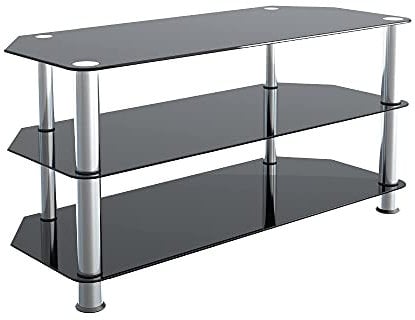 mahara Glass Corner TV Stand – Universal Black Glass TV Unit 100cm wide with Glass Shelves – TV Floor Stand Suitable for up to 50” TVs and Max Weight 45kg