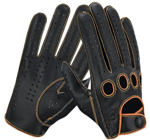 Riparo Echtes Lederhandschuh für Männer Mittel Schwarz Cognac Faden