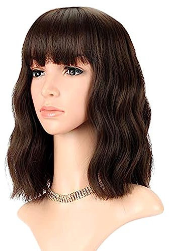FAELBATY Kurze braune Perücken mit Luftknallen Schulterlange Damenperücke Curly Wavy Synthetic Cosplay Perücke Pastellperücke für Mädchen Kostümperücken Natürliche schwarze dunkelbraune Mischfarbe