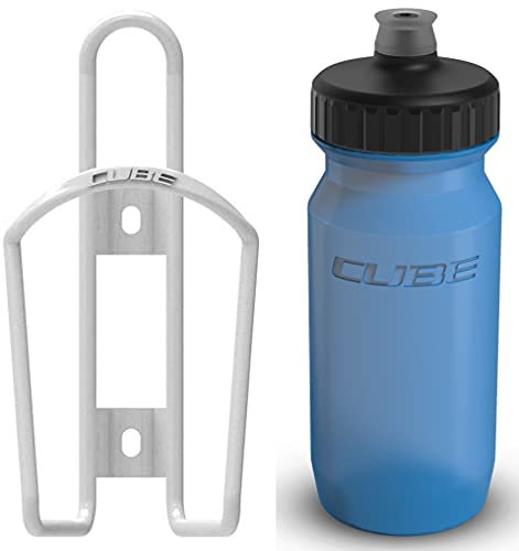 Cube HPA Cage - Gloss White & Feather Bottle - Blue, 750ml / Lightweight Bicycle Cycling Cycle Bike MTB Mountain Road Water Drink Flask Bidon Bracket Mount Holder Carrier Part HPC HPP Set Accessories