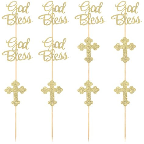 NUOBESTY 24pcs Golden God Bless and Cross Cupcake Toppers Glitter Cake Picks for Fruit Food Dessert Appetizer Baptism Christening Party Decors