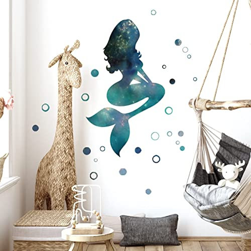 BuerHomie Wandtattoo Kinderzimmer Mädchen, Meerjungfrau und Bläschen Wandsticker selbstklebend, Wanddeco für baby- & kleinkinderzimmer