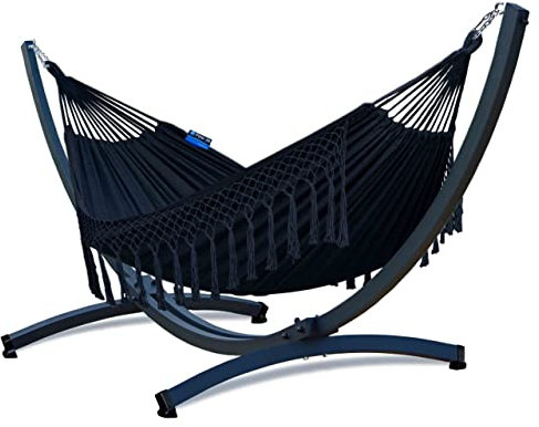 Potenza Outdoor Hängematte mit Tytan Gestell für 2 Personen I Baumwolle Doppelhängematte XXL 220x160, 200kg I Hängemattengestell 350 kg, wetterfest (Santia-Schwarz, Basic Gestell Graphit)