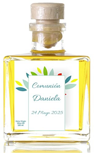 Botellas Regalo Aceite Oliva Personalizado Botellas Comunión Bautizos, Regalo Bodas, 100 ml botellitas regalo - Aceite de Oliva Virgen extra 16 uds (16 Und Diseño Alegre)