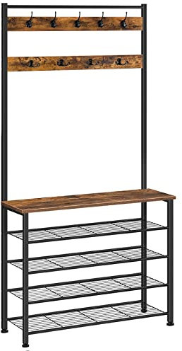 HOOBRO Garderobenständer, Schuhregal mit Garderobe, Kleiderständer mit Schuhablage, Schuhschrank mit 5 Ebenen, für Flur, Dunkelbraun EBF80MT01G2
