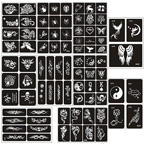 Borsgye 10 Blatt Temporäre Tattoo Schablonen Wiederverwendbare Glitter Tattoo Aufkleber Temporäre Tätowierung Airbrush Tattoo Schablonen Arm Zurück Körper Bemalung - N001