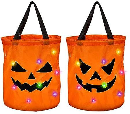 CawBing Halloween Süßigkeiten Tasche, 2 Stück Leuchtende Halloween Kürbis Candy Bag, Halloween Goodie Taschen, Kürbis Beutel zum Sammeln von Süßigkeiten zu Halloween, Trick or Treat
