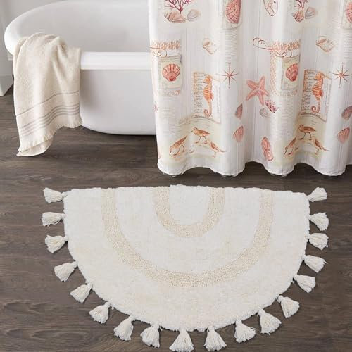 Boho Badezimmerteppich, halbrund, Baumwolle, Badematte mit Quasten, handgewebt, böhmische Teppiche mit Teppich, rutschfestes Pad, waschbar, Badteppiche für Badezimmer, Dusche, 50.8x81.3 cm, Weiß