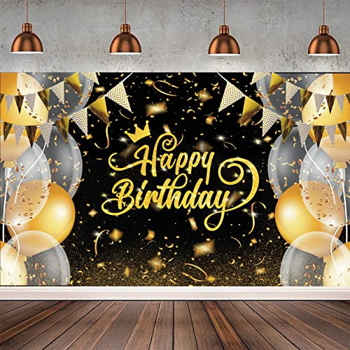 Happy Birthday Geburtstagsbanner Schwarz Gold, 180 x 110cm Happy Birthday Hintergrund Banner, Große Geburtstag Banner Zeichen Poster für Jungen Mädchen Party Deko