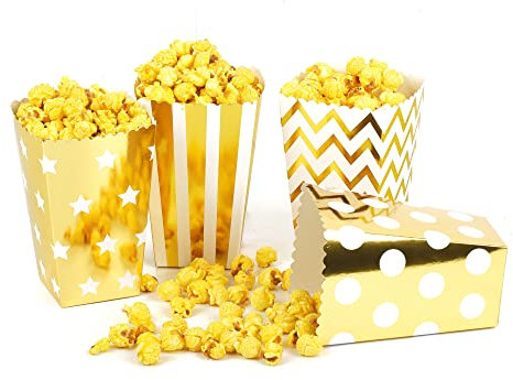ewtshop® 48 Stück Popcornboxen groß, gold in 4 Designs, Popcorn Tüten oder Candy Container für Partys, Kinoabende, maschinell gefertigt, konische Form