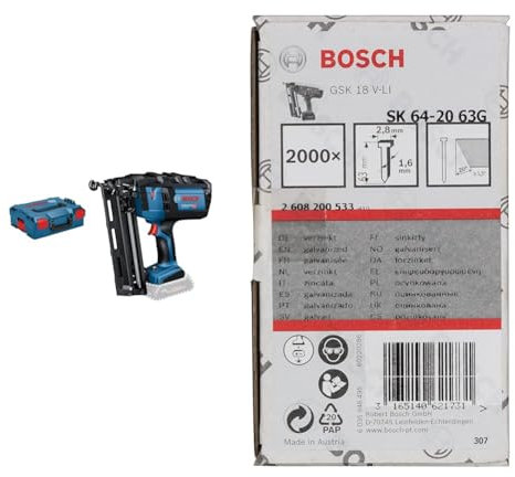 Bosch Professional 18V System Akku-Nagler GNH 18V-64 M (Nagel-Ø 1,6 mm, max. Nagellänge 64 mm, ohne Akkus und Ladegerät, in L-BOXX 136) + 2000x Senkkopf-Stift SK64 20G, 63 mm