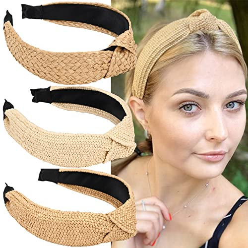 3 pack Straw Headbands Fashion Rattan Wide Head Band Boho Headband Summer Bohemian Woven Headwear Hair Head Bands Hair Band for Woman Girl Hair Accessories
