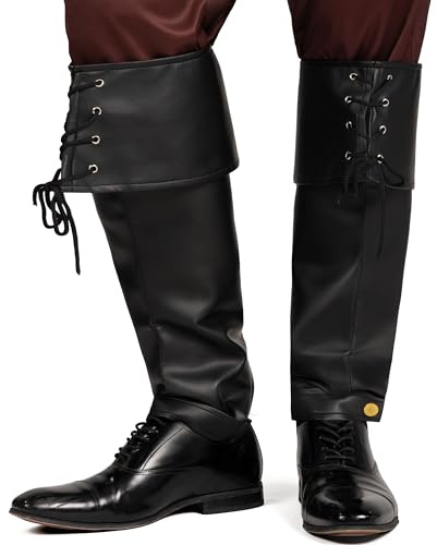 Spooktacular Creations Black Pirate Boot Covers, Medieval and Renaissance Faux Leather Over The Shoe Knee Boot Cover, for Men, Boys, Halloween Costume Accessory