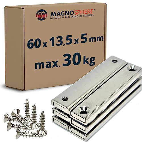 Neodym Magnet zum Anschrauben extra stark - 30 kg - mit Senkbohrung - 6 Stück - Starke Quader-Magnete 60mm lang mit 2x Loch/Bohrung und Senkung für Büro Haushalt Werkstatt (inkl. 12 Schrauben)