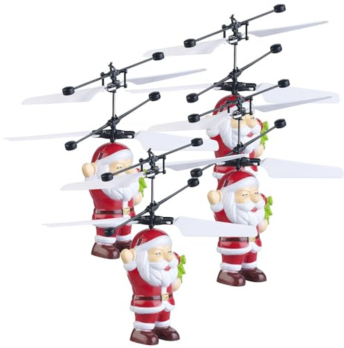 Simulus Weihnachtsmann Figuren: 4er Set Selbstfliegender Hubschrauber-Santa mit bunter LED-Beleuchtung (Selbstfliegender Weihnachtsmann, Helicopter, RC)