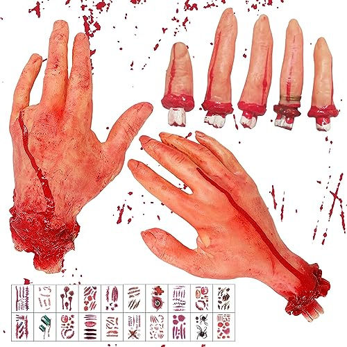 7 Stück Halloween Blut Requisiten, Gefälschter Daumen Finger Simuliert, Abgetrennte Finger, Halloween blutige Requisiten mit 20 Halloween Tattoos, Gebrochene Körperteile für Spukhaus Zombie Party Deko