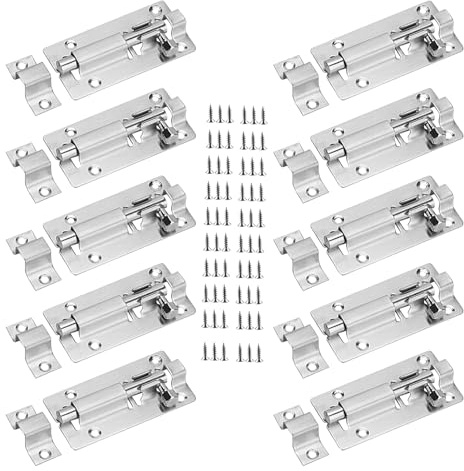 ZEONHAK 10 PCS 3 Inch Door Slide Latch Lock, Stainless Steel Sliding Door Latch with 60 Screws, Silver Door Internal Bolt Latch for Gate Door Yard Garden